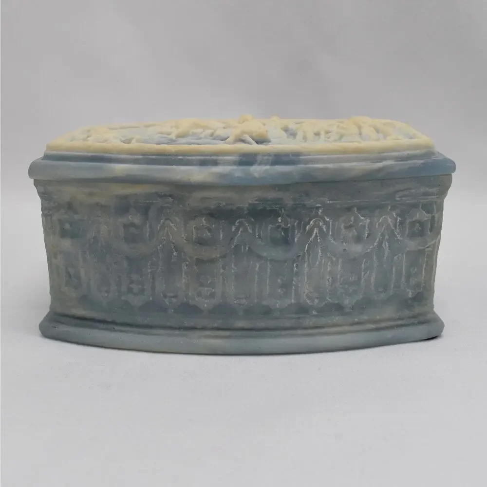 Vintage Genuine Incolay Stone Jewelry Box Blue Cream Marbled Trinket Keepsake